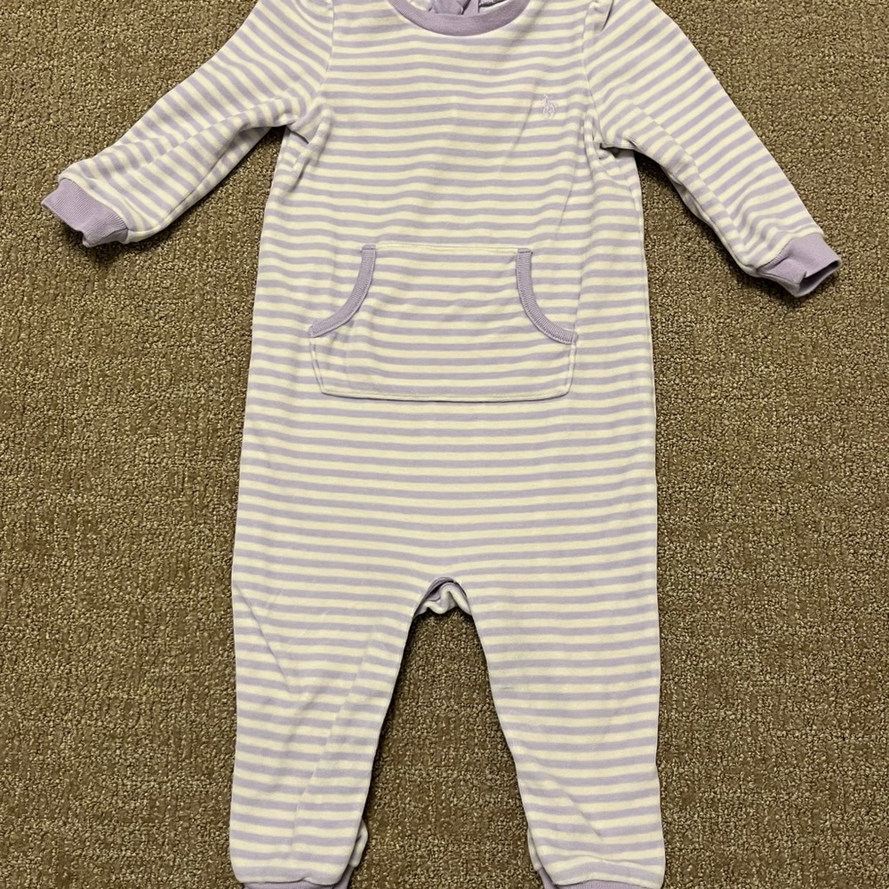 Ralph Lauren Baby Girl’s Striped Purple/White Velour Longall/Romper Long Sleeve